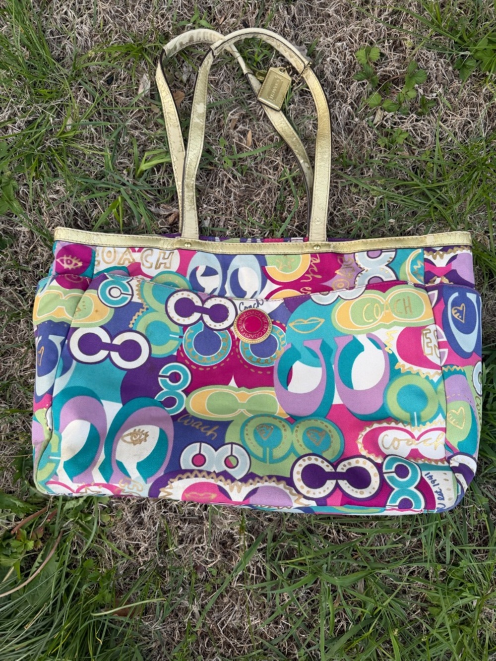 COACH Purple Multicolor Signature Print Tote with Gold Trim - Picture 3 of 15